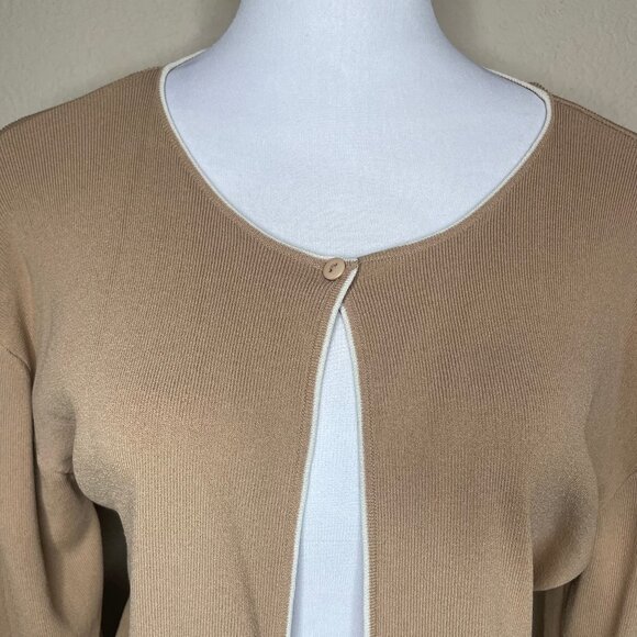 FINITY Tan Contrast Trim Cardigan XL Slinky Knit Single Button Old Money Chic - Picture 2 of 10